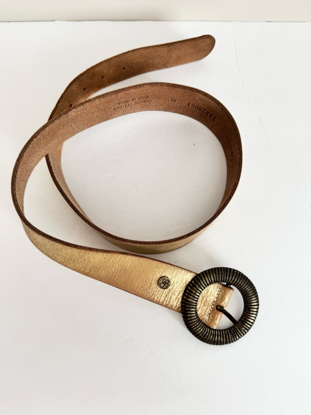 Y2K Jessica Simpson Gold Metallic Genuine Leather Belt Round Statement Buckle M - Picture 5 of 12